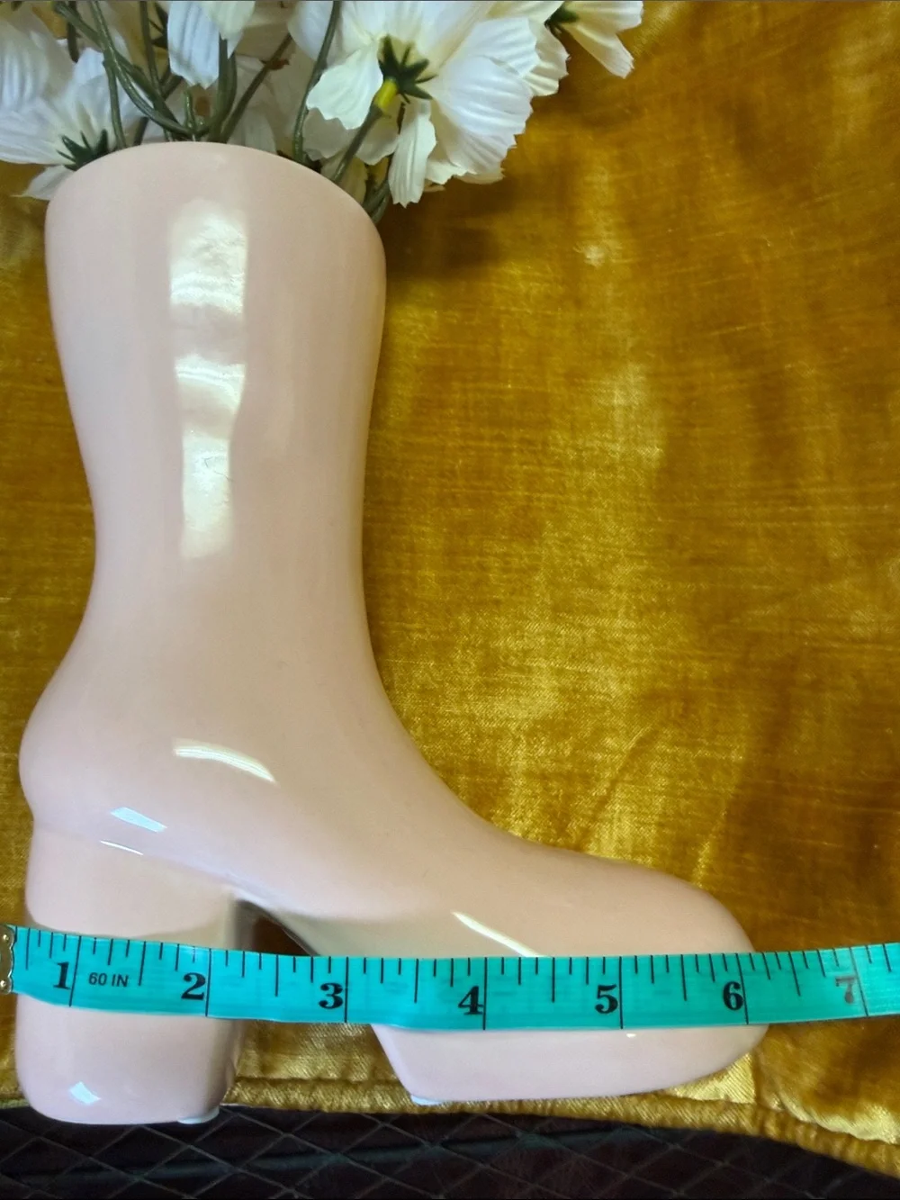 Pink Block-Heel Boot Vase with Daisy Faux Floral Arrangement